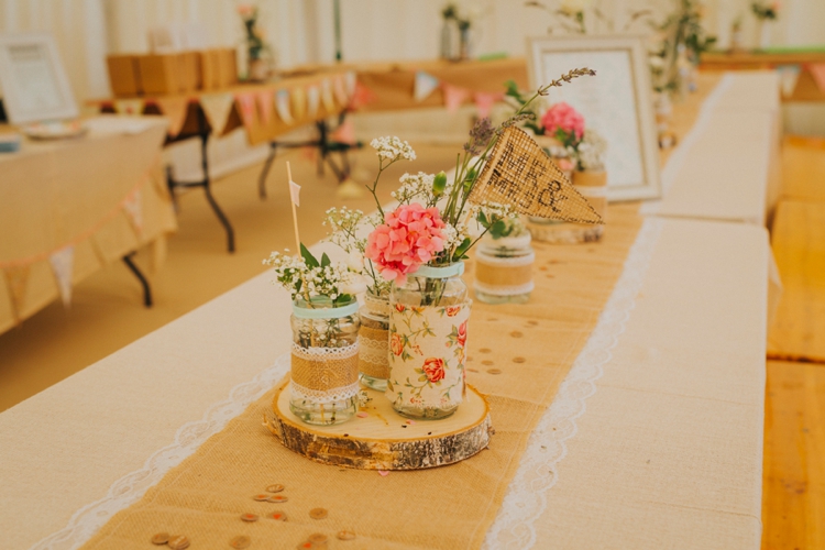 Table Centrepiece Decor Log Slice Floral Flowers Jars Flag Sign Hessian Lace Burlap Creative Festival Wedding 