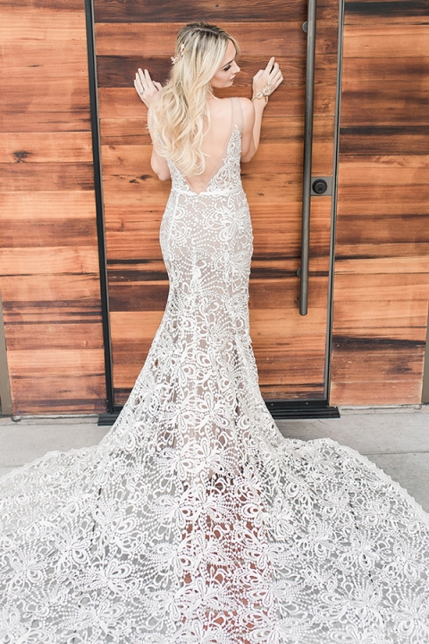 Nude Lace Wedding Dress with a Low Back and Long Train