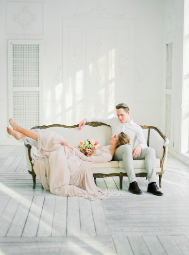 Simple Indoor Bridal Session in Blue and Blush Tones