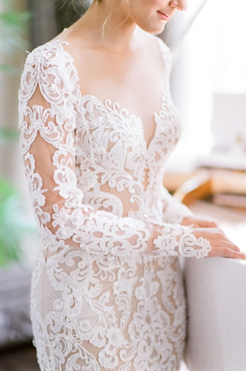 Beaded Sheer Lace Wedding Dress with Long Sleeves